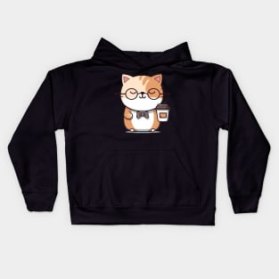 Smart Cat with a Coffee Cup Kids Hoodie